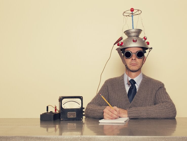 Mann in Wollstrickjacke mit Sieb und einer Konstruktion auf dem Kopf vor einem gelben Hintergrund.