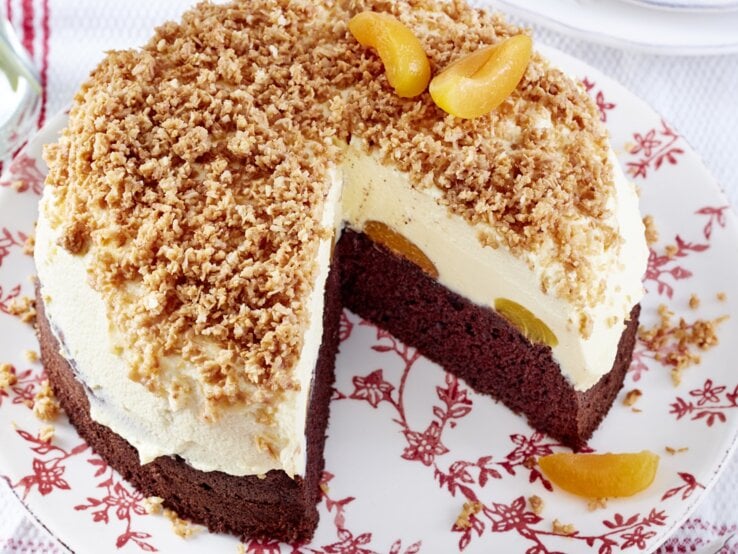 Sägespäne-Aprikosen-Torte mit einem Schokoladenboden, einer cremigen Füllung und einem knusprigen Dekor aus Kokosraspeln, angeschnitten auf einem blumigen Teller auf weißem Untergrund. 