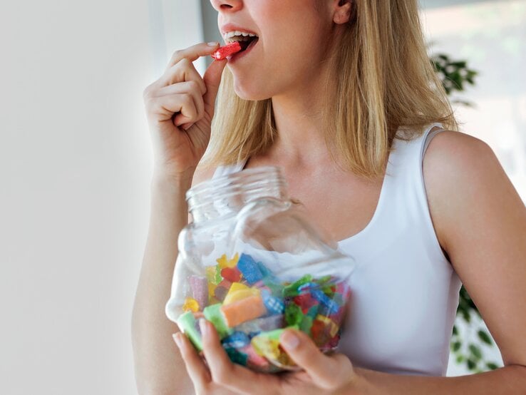 Frau in weißem Top hält ein großes Glas voller bunter Süßigkeiten und steckt sich gerade ein rotes Stück in den Mund. Der Hintergrund ist hell und unscharf.