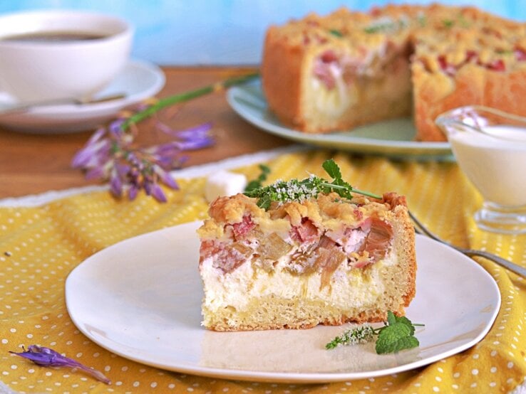 Ein Stück vom Rhabarberkuchen auf einem weißen Teller und einer gelb-blauen Tischdecke. Dahinter eine Tasse Kaffee und der angeschnittene Kuchen. 