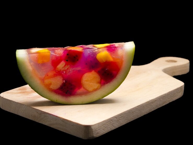 Ein Stück Watermelon-Jelly steht aufrecht auf einem braunen Holzbrett mit Griff. Das Jelly ist gefüllt mit verschiedenen Obststücken. Der Untergrund und der Hintergrund sind schwarz.