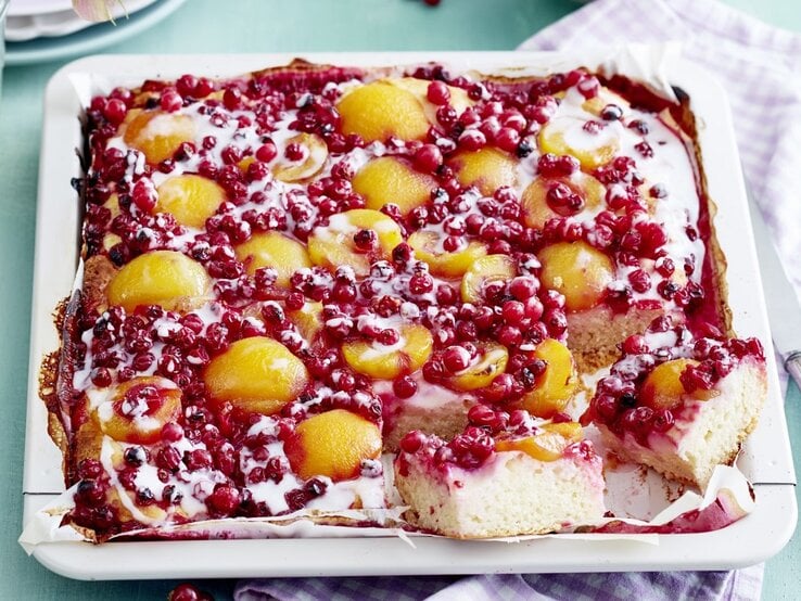Auf einem Blech liegt ein Johannisbeer-Aprikosen-Blechkuchen. Er ist mit Soße und Guss überzogen und mit Johannisbeeren und Aprikosen belegt. | © Eat Club / Isabell Triemer