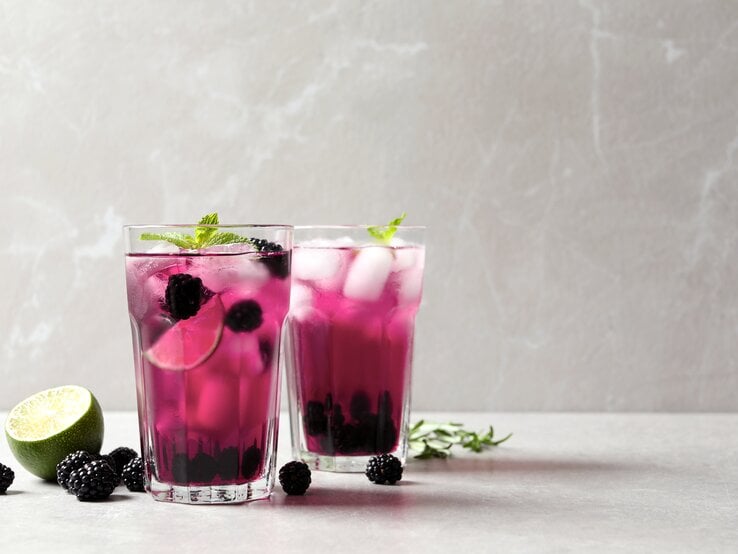 Zwei Gläser Brombeer-Fizz mit frischen Beeren und Limettenscheiben, außerdem Minze.