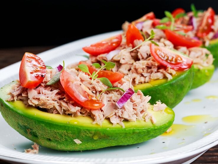 Ein weißer länglicher Teller mit vier Avocadohälften, in denen der Thunfischsalat angerichtet ist vor schwarzem Hintergrund.