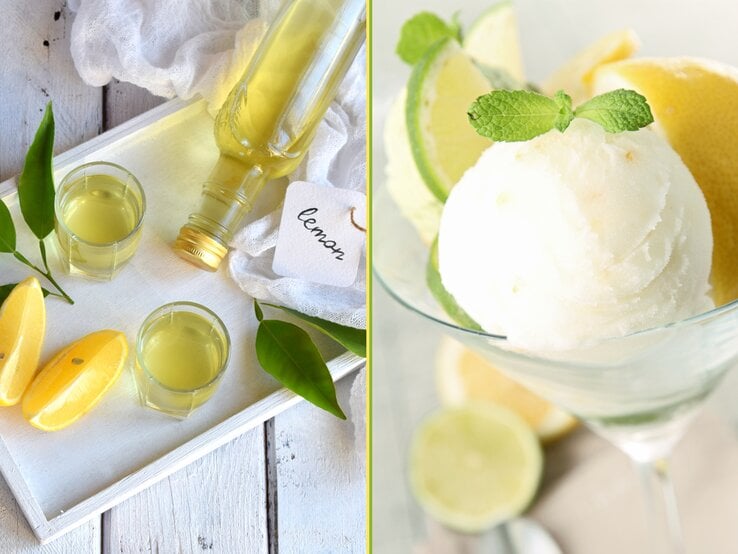 Eine Collage aus einem Bild mit Limoncello und einem mit Zitroneneis. Alles direkt von oben fotografiert. | © iStock (2) Collage BILD der FRAU