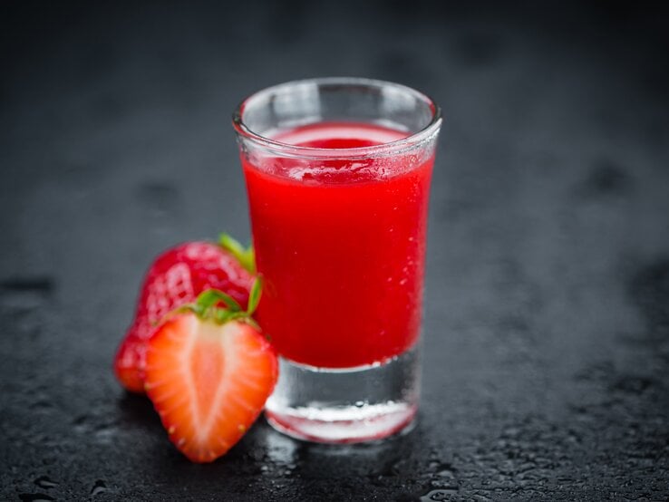 Shotglas gefüllt mit Erdbeerlimes vor schwarzem Hintergrund. | © iStock/HandmadePictures