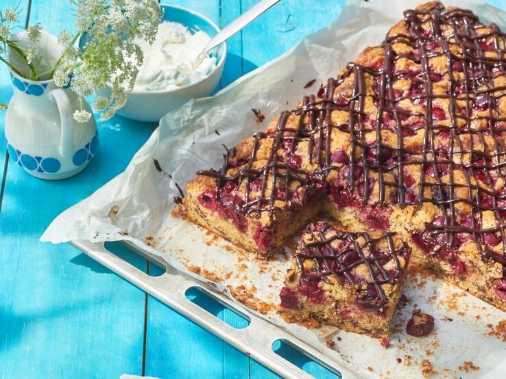 Kirschkuchen mit Schokochips vom Blech / Vase mit Blumen / Schale mit Sahne | © MATTHIAS LIEBICH