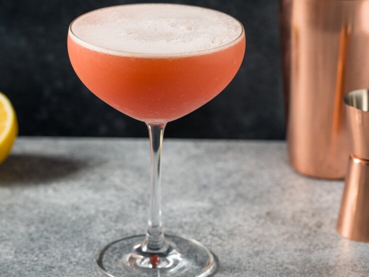 Negroni Sour in einer Coupette mit Shaker, Barmaß und einer Zitrone vor grauem Hintergrund. Frontalansicht.