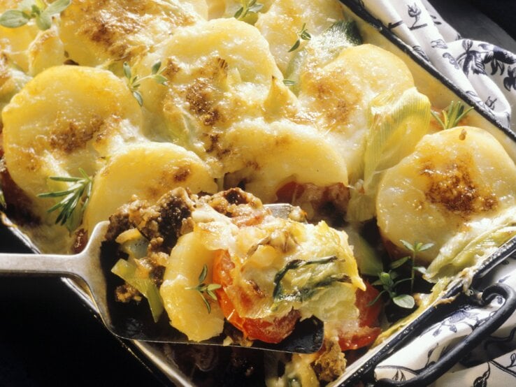 Kartoffel-Hackfleisch-Auflauf mit Tomaten auf einem Geschirrtuch. 