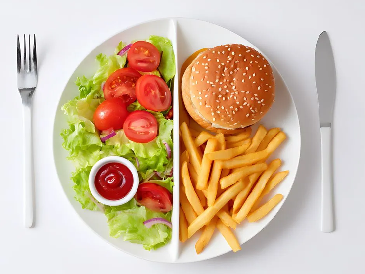 Ein geteil­ter Teller zeigt auf der einen Seite einen Burger mit Pommes und auf der anderen frischen Salat mit Tomaten – Sinnbild für unterschiedliche Ernährungsweisen und Stoffwechseltypen.