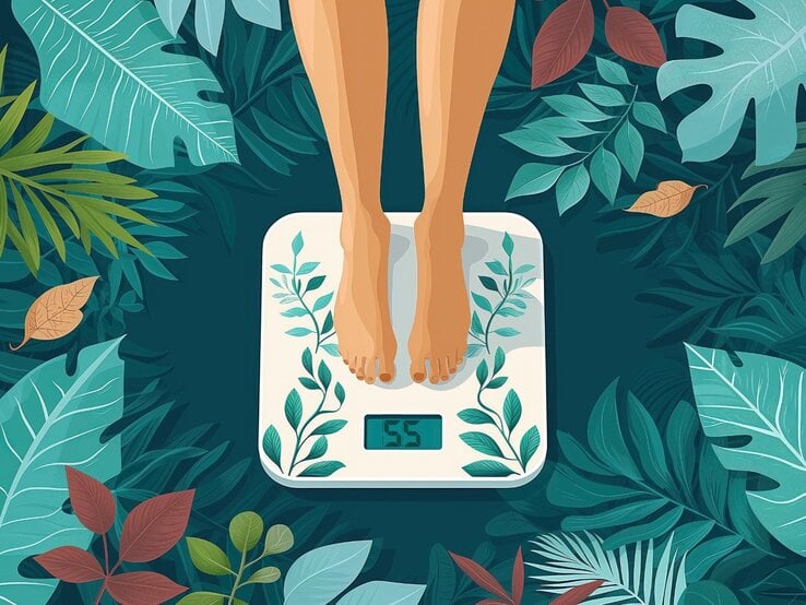 Illustration: Eine Person steht barfuß auf einer digitalen Waage, die 55 kg anzeigt. Die Waage ist mit Pflanzenmotiven verziert. Um die Waage herum sind große, bunte Blätter und Pflanzen in verschiedenen Grüntönen und herbstlichen Farben arrangiert.