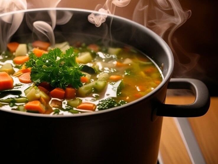Ein schwarzer Kochtopf mit dampfender Gemüsesuppe auf einem Herd; sichtbar sind Karotten, Sellerie, Zucchini und Kräuter in klarer Brühe.