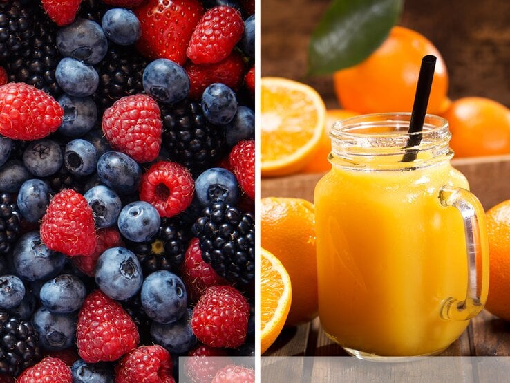 Links eine bunte Mischung aus Beeren, rechts ein Glas frischer Orangensaft mit schwarzem Trinkhalm vor aufgeschnittenen Orangen. | © adobe.com/gilitukha und stock.adobe.com/Nitr