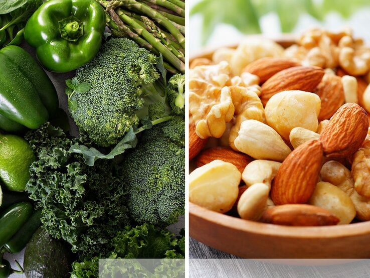 Links buntes grünes Gemüse wie Brokkoli, Grünkohl und Paprika, rechts ein Mix aus Mandeln, Cashews und Walnüssen in Nahaufnahme. | © stock.adobe.com/emmi und stock.adobe.com/nadianb