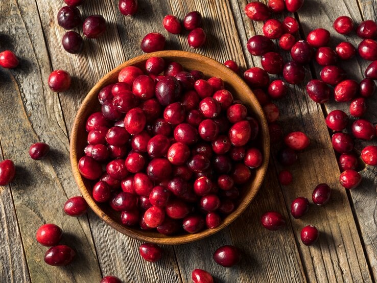  Leuchtend rote Cranberrys füllen eine runde Schale, einige rollen über die grob gemaserten Holztisch. | © stock.adobe.com/Brent Hofacker