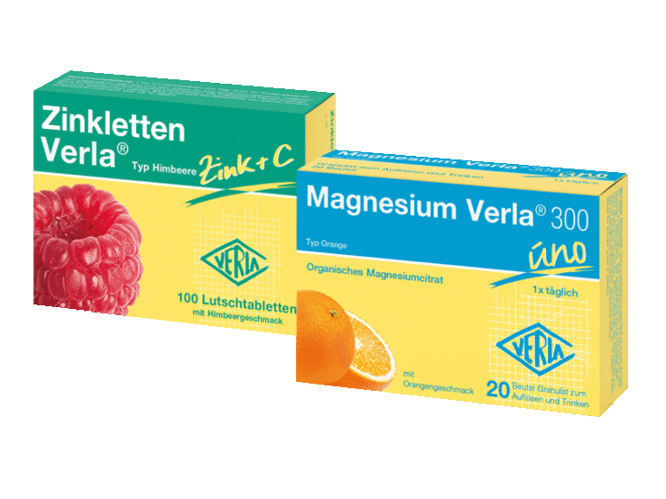 Packshot, Zinkletten von Verla und Magnesium Verla | © Verla-Pharm