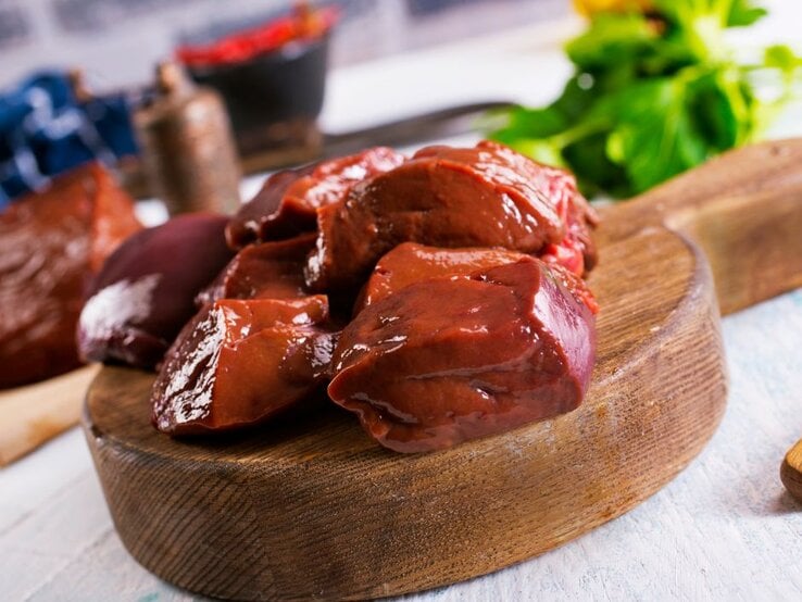 Roh geschnittene Leberstücke auf rundem Holzbrett in der Küche. | © Yana Gayvoronskaya via Canva.com 