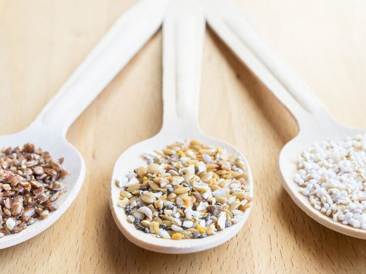 Drei Holzlöffel mit Leinsamenmischung, Amaranth und gepufftem Getreide. | © Adobe Stock/ Angela Rohde