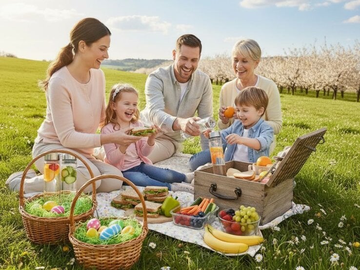 Eine Familie sitzt bei einem Picknick auf einer Wiese. Auf einer Decke liegen Sandwiches, Obst, Gemüse, Getränke und zwei Osterkörbe mit bunten Eiern. Im Hintergrund blühen Bäume und der Himmel ist blau mit wenigen Wolken. Alle Personen sind entspannt und genießen gemeinsam das Essen im Freien.