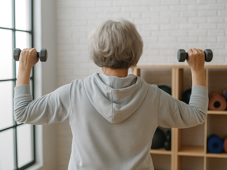 Ältere Frau mit grauem Haar hebt zwei Hanteln in einem hellen Fitnessraum mit Regal und großen Fenstern im Hintergrund.