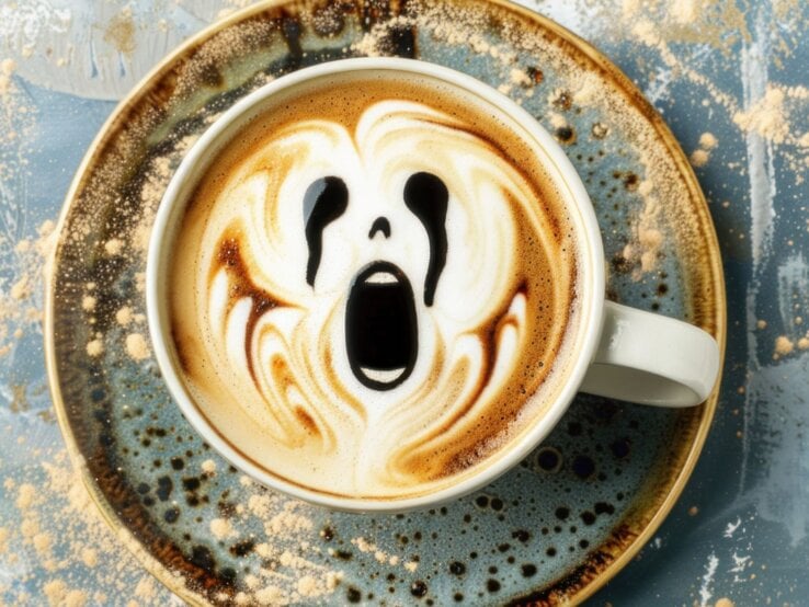 Cappuccino mit kunstvollem Schaum in Form eines schreienden Gesichts, serviert auf einem rustikalen Teller mit blauem Farbspritzern.