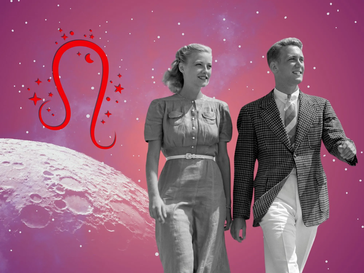 Liebeshoroskop für das Sternzeichen Löwe: llustration eines Paares vor einem pink-lilafarbenen Weltraumhintergrund mit Sternenhimmel und Mond. Links im Bild ist das rote Symbol Tierkreiszeichens Löwe.