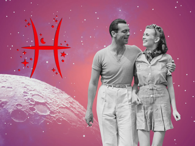 Liebeshoroskop für das Sternzeichen Fische: llustration eines Paares vor einem pink-lilafarbenen Weltraumhintergrund mit Sternenhimmel und Mond. Links im Bild ist das rote Symbol Tierkreiszeichens Fische.