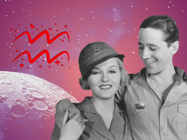 Liebeshoroskop für das Sternzeichen Wassermann: llustration eines Paares vor einem pink-lilafarbenen Weltraumhintergrund mit Sternenhimmel und Mond. Links im Bild ist das rote Symbol Tierkreiszeichens Wassermann.