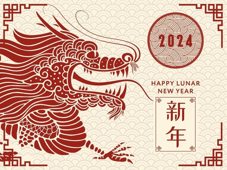 Zeichnung eines chinesischen Drachen, chinesische Schriftzeichen und die Jahreszahl 2024 zum chinesischen Neujahrsfest. | © Atstock Production, Vector beauty, Angelica Mariotti und talexstock via Canvas.com [M]
