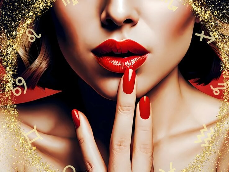 Eine Nahaufnahme eines weiblichen Gesichts mit glänzendem, roten Lippenstift und passenden roten Fingernägeln. Die Frau berührt mit einem Finger ihre Lippen, was einen geheimnisvollen und verführerischen Eindruck vermittelt. Der Hintergrund ist in einem satten Rot gehalten, verziert mit goldenen Glitzerpartikeln und Symbolen verschiedener Sternzeichen, die um das Gesicht verteilt sind.