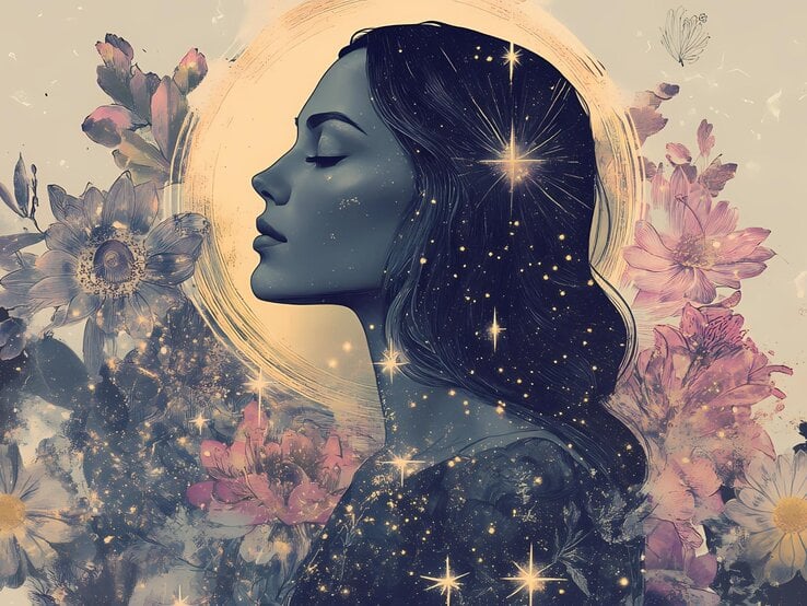 Eine mystische, künstlerische Illustration einer Frau im Profil mit geschlossenen Augen. Ihr dunkles Haar ist mit leuchtenden Sternen durchzogen, die an ein Sternenbild erinnern. Ein goldener Lichtschein umgibt ihren Kopf, ähnlich einem Heiligenschein. Im Hintergrund blühen verschiedene Blumen in sanften Rosa- und Beigetönen, während ein Schmetterling sanft in der Luft schwebt. Die Szene vermittelt eine spirituelle und verträumte Atmosphäre.