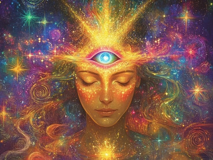 Fantasievolle Darstellung einer Frau mit geschlossenen Augen, deren Stirn von einem leuchtenden dritten Auge gekrönt wird. Umgeben von einem farbenprächtigen, kosmischen Hintergrund voller Sterne, Spiralen und leuchtender Energie, symbolisiert das Bild spirituelles Erwachen, Intuition und kosmisches Bewusstsein.