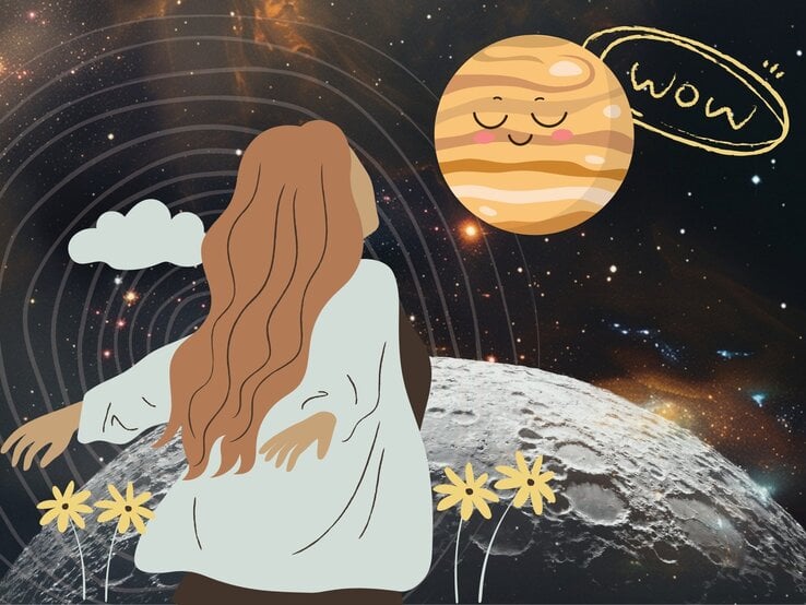 Illustration einer Frau mit langen, rötlich-braunen Haaren, die im Weltraum steht und zum Planeten Jupiter blickt, der mit einem lächelnden Gesicht und der Sprechblase „Wow“ dargestellt ist. Im Vordergrund sind gelbe Blumen und eine graue Mondoberfläche zu sehen, im Hintergrund funkelt ein Sternenhimmel mit Spiralformen.
