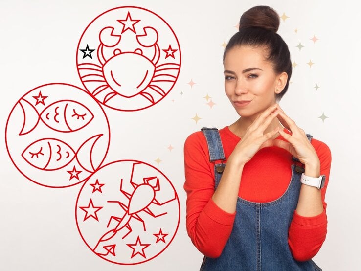 Junge Frau mit schelmischem Blick und gefalteten Fingern vor drei roten Sternzeichen-Symbolen für Krebs, Skorpion und Fische – den Wasserzeichen. Symbolik für emotionale Tiefe, Täuschung und astrologische Schattenseiten.