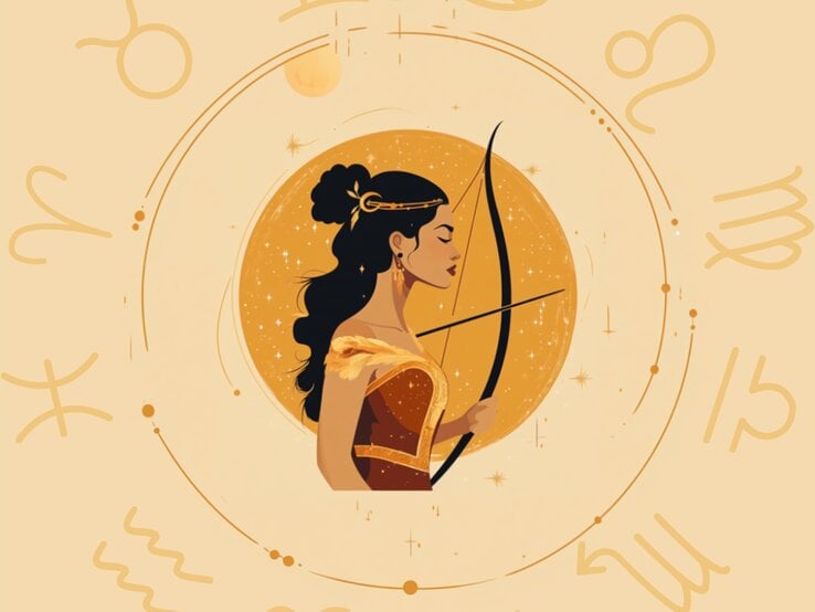 Eine stilisierte Darstellung einer Frau, die das Sternzeichen Schütze repräsentiert. Sie trägt ein elegantes, goldenes Kleid und hält einen Bogen in der Hand, während sie vor einem leuchtenden, goldenen Vollmond steht. Um sie herum sind astrologische Symbole in sanften Beigetönen abgebildet, die eine harmonische und feminine Atmosphäre schaffen. Das Bild vermittelt Zuversicht, Stärke und die Verbindung zur Astrologie.