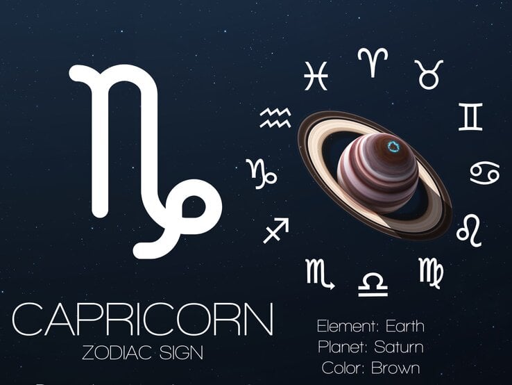 Ein stilisiertes astrologisches Design für das Sternzeichen Steinbock. Im Zentrum befindet sich das Symbol für Steinbock, umgeben von einem Ring mit den anderen Sternzeichensymbolen. Daneben ist der Saturn mit seinen Ringen dargestellt, der als Herrscherplanet des Steinbocks gilt. Unten im Bild sind die zugehörigen Eigenschaften aufgeführt: Element Erde, Planet Saturn und die Farbe Braun. Der Hintergrund zeigt einen dunkelblauen Nachthimmel mit funkelnden Sternen. Das Bild symbolisiert die astrologische Verbindung des Steinbocks mit seinem Element und Planeten.