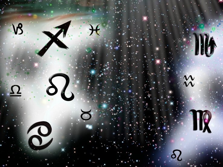 Dieses Bild zeigt eine Darstellung von Sternzeichen-Symbolen, die auf einem funkelnden, sternenartigen Hintergrund verteilt sind. Die Symbole, darunter Schütze, Fische, Jungfrau, Wassermann, Löwe, Waage, Krebs und Stier, sind in schwarzer Farbe gehalten. Der Hintergrund ist hell mit weißem Licht und strahlenden, bunten Partikeln sowie Sternen, die eine mystische und himmlische Atmosphäre erzeugen. Ein Lichtstrahl fällt von der oberen rechten Ecke herab und hebt einige der Symbole hervor.