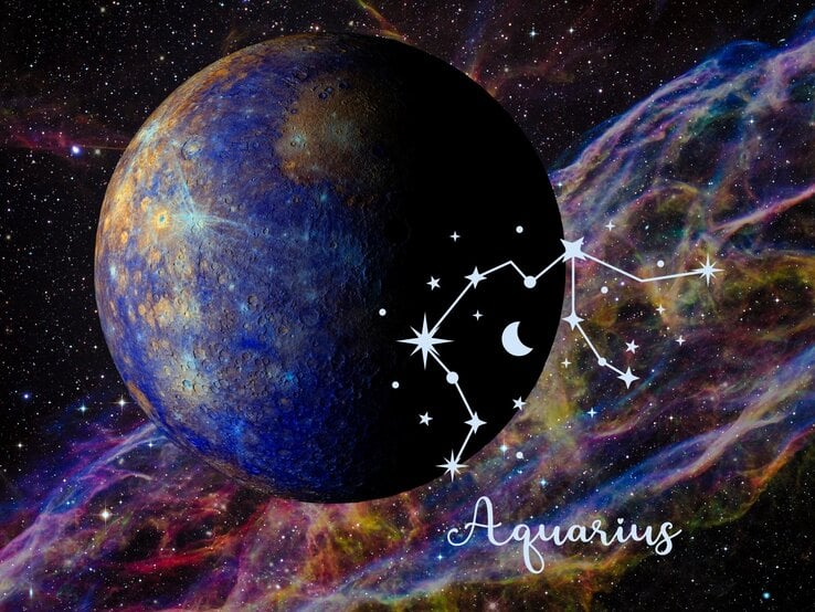 Eine künstlerische Darstellung des Planeten Merkur, der im Weltraum schwebt. Der Planet hat eine blau-goldene Textur, die ihn lebendig und dynamisch erscheinen lässt. Im Hintergrund ist ein leuchtendes, farbenfrohes Sternennebelmuster zu sehen. Rechts vom Planeten ist das Sternbild Wassermann zu erkennen, begleitet von kleinen Sternen und einem Mond-Symbol. Darunter steht in eleganter Schrift das Wort „Aquarius“. Das Bild kombiniert astrologische und astronomische Elemente und vermittelt eine mystische, zukunftsorientierte Atmosphäre.
