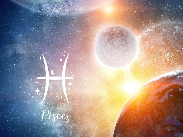 Eine fantasievolle Weltraumszene mit mehreren Planeten und einem leuchtenden Sonnenaufgang im Hintergrund. Die Farben reichen von tiefem Blau bis zu warmem Orange und Gelb. In der linken Bildhälfte ist das astrologische Symbol für das Sternzeichen Fische (Pisces) in Weiß abgebildet, umgeben von kleinen Sternen und einem Halbmond. Darunter steht das Wort „Pisces“ in einer eleganten Schrift. Die Darstellung vermittelt eine mystische, kosmische Atmosphäre.