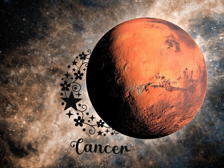 ine beeindruckende Weltraumdarstellung mit einem großen, rot-orangefarbenen Planeten im Vordergrund, der an den Mars erinnert. Der Hintergrund zeigt eine weitläufige Galaxie mit funkelnden Sternen und Nebeln in warmen Brauntönen. Links unten ist das Wort „Cancer“ in eleganter Schrift zu sehen, begleitet von einem kunstvollen schwarzen Design aus Sternen, Blumen und geschwungenen Linien. Die Kombination aus Planeten und astrologischem Symbol verweist auf eine Verbindung zwischen dem Sternzeichen Krebs und der kosmischen Energie.