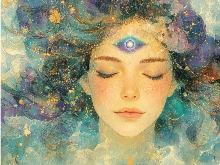 Eine künstlerische Illustration einer Frau mit geschlossenen Augen, umgeben von einem verträumten, himmlischen Hintergrund in Blau- und Goldtönen. Ihr Haar fließt wie eine Galaxie mit funkelnden Sternen und goldenen Lichtpunkten. Auf ihrer Stirn leuchtet ein geöffnetes drittes Auge, das spirituelle Weisheit und Intuition symbolisiert. Die Szene strahlt eine mystische, meditative und beruhigende Atmosphäre aus.