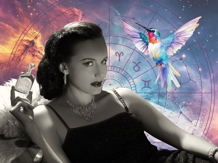 Stilvolle Frau im Retro-Look (schwarz-weiß) liegt elegant auf einem Sofa, trägt funkelnden Schmuck und hält ein Parfumflakon in der Hand. Im Hintergrund ein bunter Kosmos mit astrologischem Tierkreis und Sternzeichen wie Zwillinge, Krebs und Wassermann. Ein pastellfarbener, schillernder Kolibri fliegt mit ausgebreiteten Flügeln durch das Bild – Symbol für Leichtigkeit, Schönheit und Spiritualität.