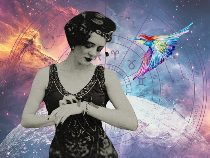 Collageartige Darstellung einer eleganten Frau im Vintage-Stil (schwarz-weiß), die auf eine Uhr an ihrem Handgelenk schaut. Im Hintergrund ein kosmisches Universum mit Planeten, Sternennebeln und einem astrologischen Tierkreis mit Sternzeichen wie Zwillinge, Krebs und Wassermann. Rechts fliegt ein leuchtend bunter Kolibri vor einem himmlischen Hintergrund, der Magie und Spiritualität vermittelt.