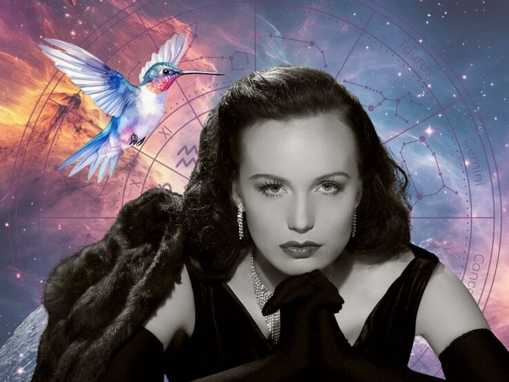 Porträt einer eleganten Frau im Vintage-Stil (schwarz-weiß), die mit ernstem, geheimnisvollem Blick direkt in die Kamera schaut. Sie trägt glamourösen Schmuck, ein Samtkleid und lange Handschuhe, umhüllt von einem Pelz. Im Hintergrund leuchtet ein kosmisches Szenario mit Sternennebeln, Planeten und einem astrologischen Tierkreis mit Sternzeichen wie Zwillinge, Krebs und Stier. Ein pastellfarbener Kolibri mit ausgebreiteten Flügeln schwebt links im Bild – Symbol für Leichtigkeit, Transformation und spirituelle Botschaft.