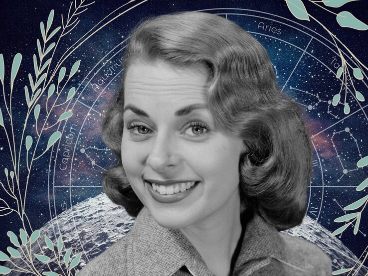 Ein Frau in schwarz-weiß mit einem glücklichen Gesichtsausdruck steht vor einem Hintergrund, der das Universum und seine Sterne zeigt, spazieren. Im Hintergrund ist außerdem ein Tierkreis mit den Symbolen der 12 Sternzeichen, der wiederum umgeben ist von einer Blätterranke. Das Bild macht einen mystischen Eindruck.