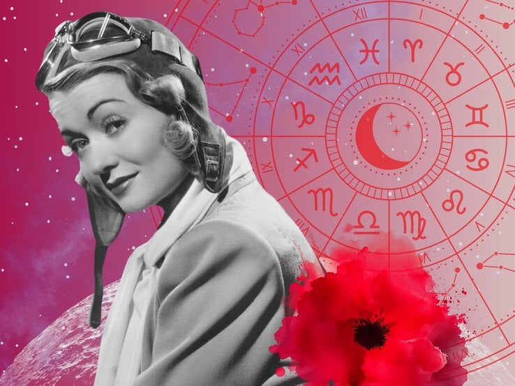 Eine stilisierte Collage mit astrologischem und retroästhetischem Flair: Im Vordergrund ist eine schwarz-weiß Fotografie einer Frau mit einer Fliegerhaube. Im Hintergrund befindet sich ein rosa-lila Universum mit Sternen und einer großen, runden astrologischen Tierkreis in Rot mit allen zwölf Sternzeichen. Neben ihr die Zeichnung einer roten Mohnblume.