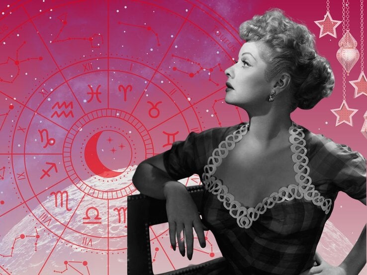 Eine stilisierte Collage mit astrologischem und retroästhetischem Flair: Im Vordergrund ist eine schwarz-weiß Fotografie einer Frau, die auf einem Stuhl sitzt und nach oben schaut. Im Hintergrund befindet sich ein rosa-lila Universum mit Sternen und einer großen, runden astrologischen Tierkreis in Rot mit allen zwölf Sternzeichen. 