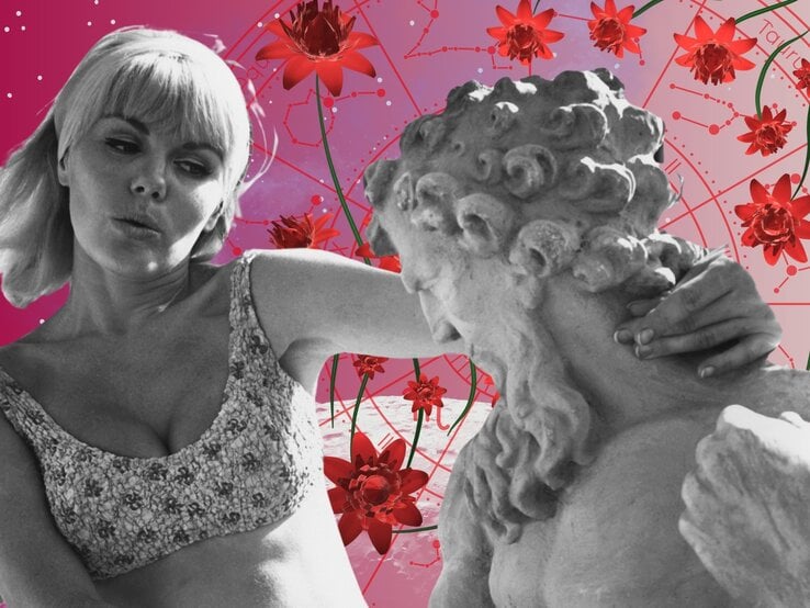 Eine stilisierte Collage mit astrologischem und retroästhetischem Flair: Im Vordergrund ist eine Schwarz-weiß-Fotografie einer Frau zu sehen, die um eine männliche Skulptur tanzt. Im Hintergrund befindet sich ein rosa-lila Universum mit Sternen und einer großen, runden astrologischen Tierkreis in Rot mit allen zwölf Sternzeichen. Außerdem sind rote Blumen im Hintergrund zu sehen.