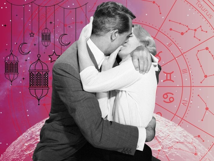 Eine stilisierte Collage mit astrologischem und retroästhetischem Flair: Im Vordergrund ist eine schwarz-weiß Fotografie eines Paares zu sehen, das sich küsst. Im Hintergrund befindet sich ein rosa-lila Universum mit Sternen und einer großen, runden astrologischen Tierkreis in Rot mit allen zwölf Sternzeichen