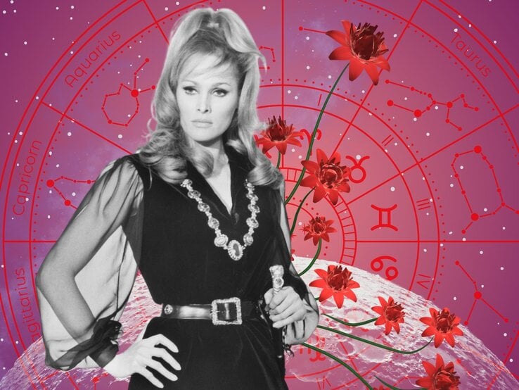 Stilvolles Porträt einer Frau im Vintage-Look mit Gürtelkleid und opulentem Schmuck, im Vordergrund leuchtend rote Blumen, dahinter der Tierkreis mit Sternzeichen auf pink-violettem Sternenhimmel – steht für Selbstbewusstsein und Schicksalsfragen.